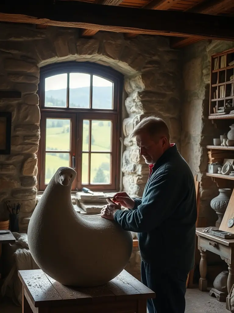 A photograph of an artist in residence working on a sculpture in a rustic studio, with the French countryside visible through the window.