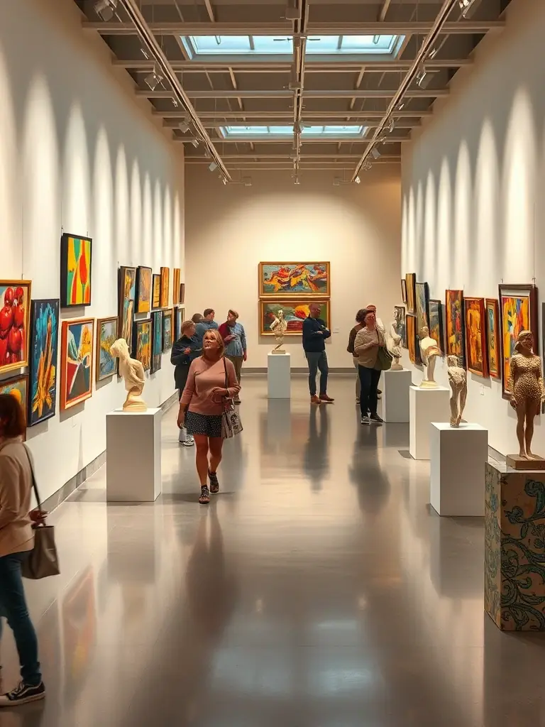 Image of a vibrant art exhibition at ECO's gallery, featuring a diverse collection of paintings, sculptures, and mixed media pieces created by local artists and residents, attracting a crowd of visitors.