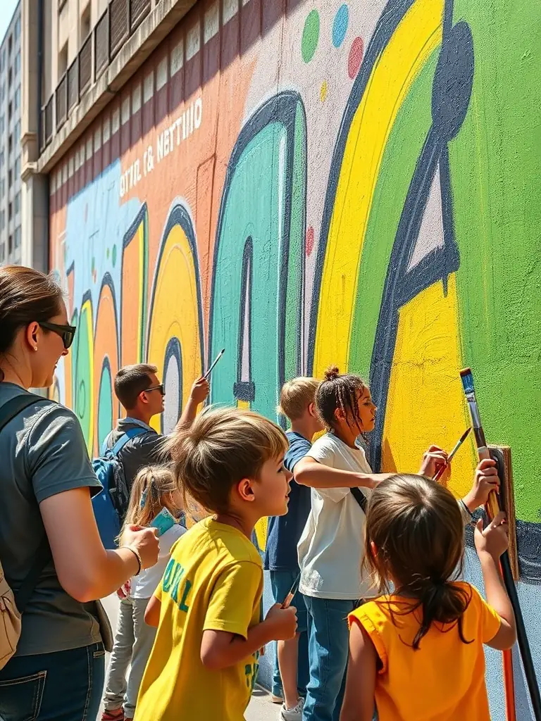 A photograph capturing a collaborative art workshop in Sacquenay, France, showcasing artists, students, and local artisans working together on a large-scale mural, emphasizing the community aspect of ECO's programs.