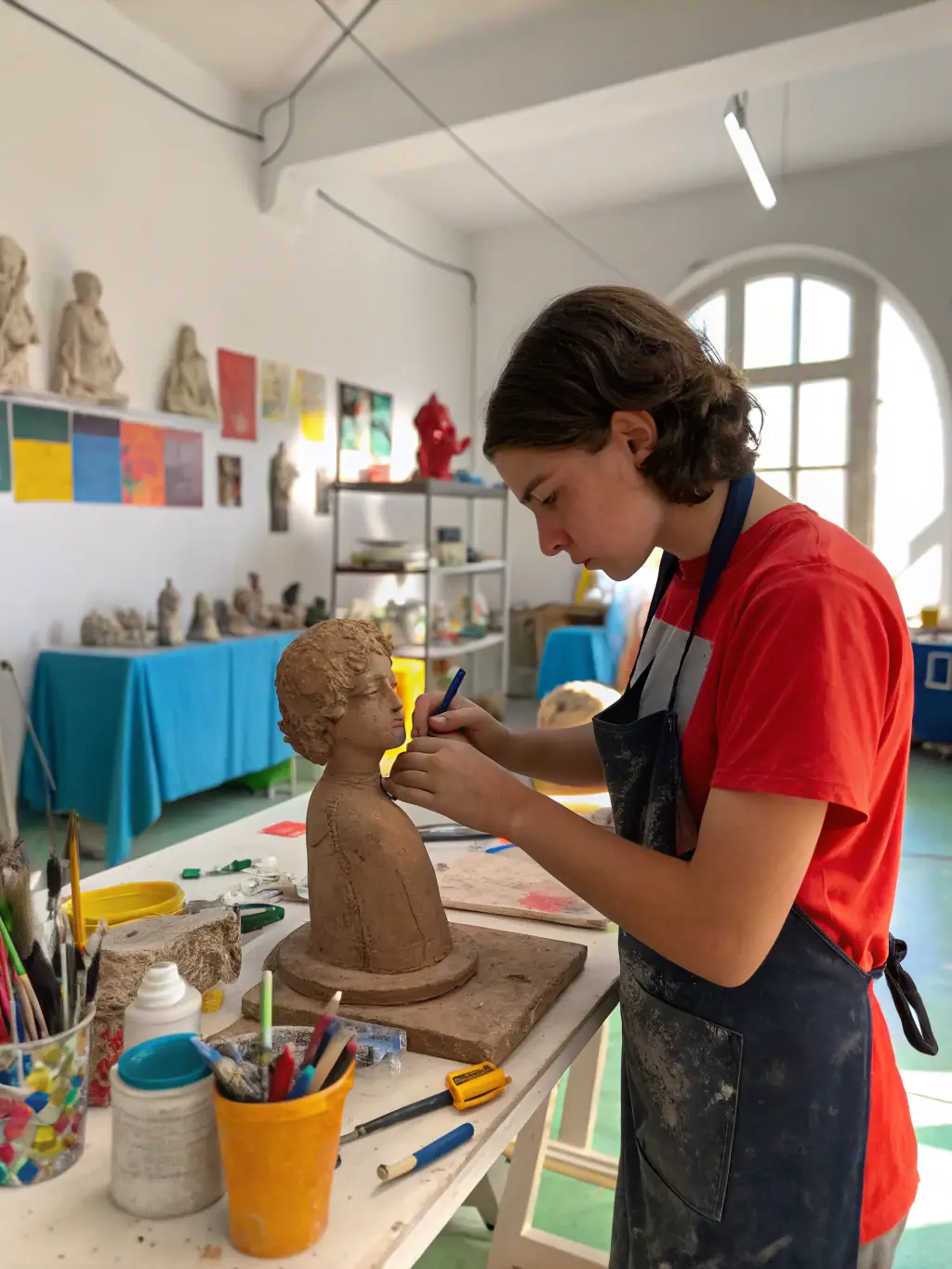 A photo of an artist in residence at ECO, deeply engrossed in sculpting a piece in a well-lit studio, with rural landscapes visible through the window, highlighting the serene and inspiring environment.
