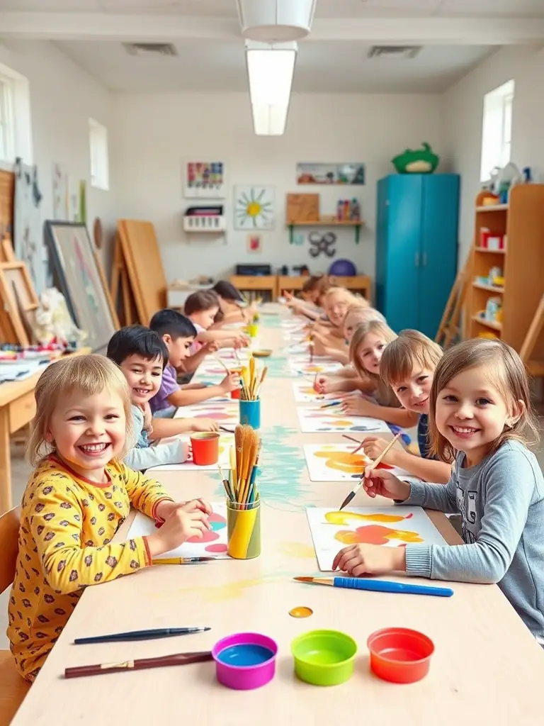 A picture of children participating in an ECO-led art class, painting and drawing with enthusiasm. The image emphasizes ECO's commitment to making art accessible to all, especially young people.