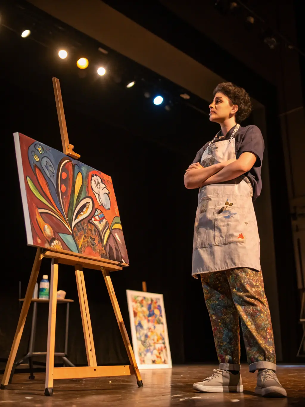A picture of a student artist presenting their work at an ECO-sponsored exhibition, with local residents admiring the artwork.