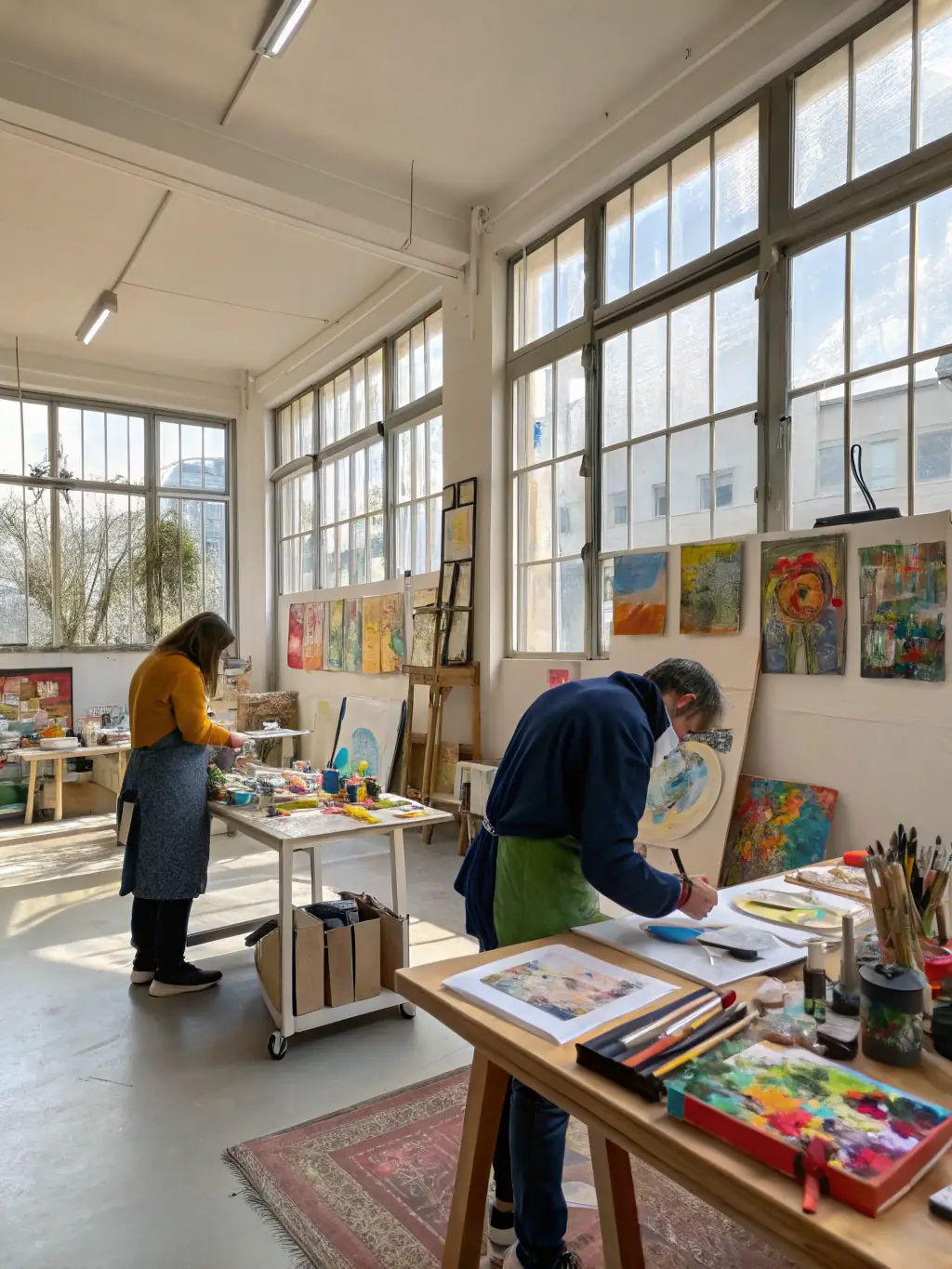 A photograph of artists working collaboratively in a rural workshop setting, surrounded by art supplies and tools, showcasing ECO's commitment to fostering artistic collaboration.