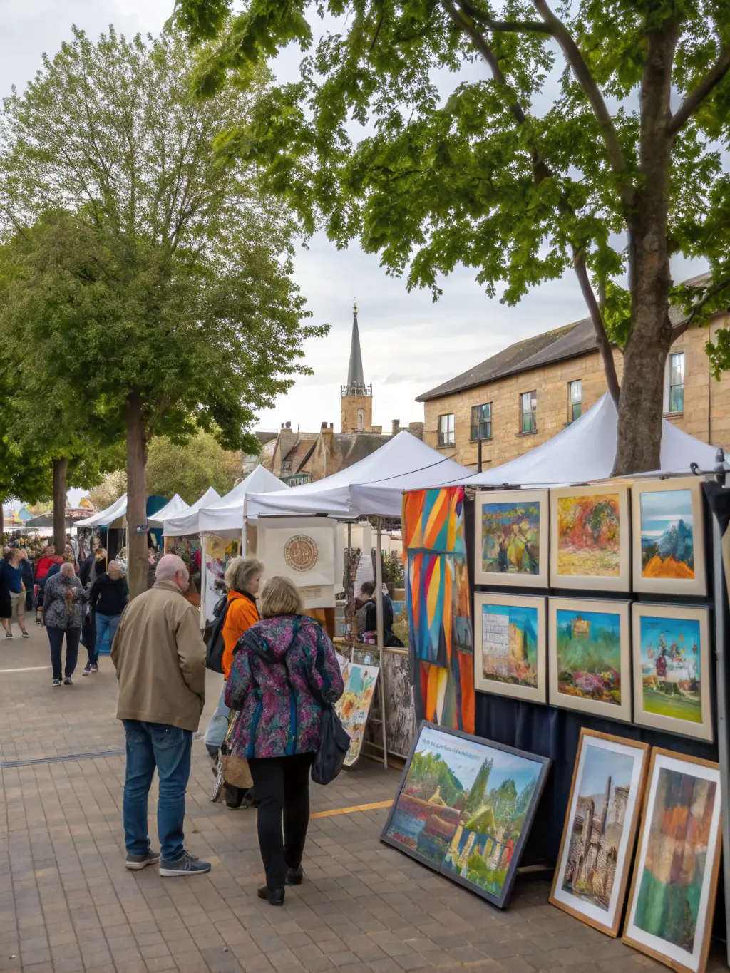 A vibrant image showcasing an ECO art exhibition in a rural setting, with local community members admiring the artwork. The exhibition highlights the talent and creativity nurtured by ECO's programs.
