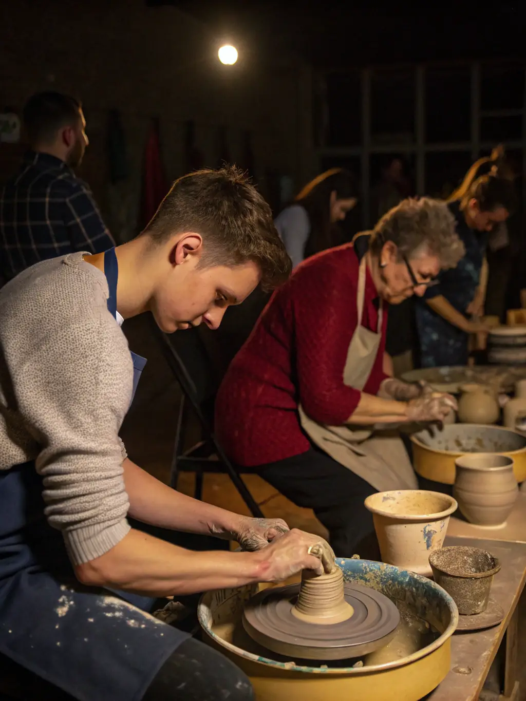 A photograph capturing a group of artists and students collaborating on a sculpture during an ECO workshop in Sacquenay, France. The atmosphere is creative and engaging, with participants actively involved in the artistic process.