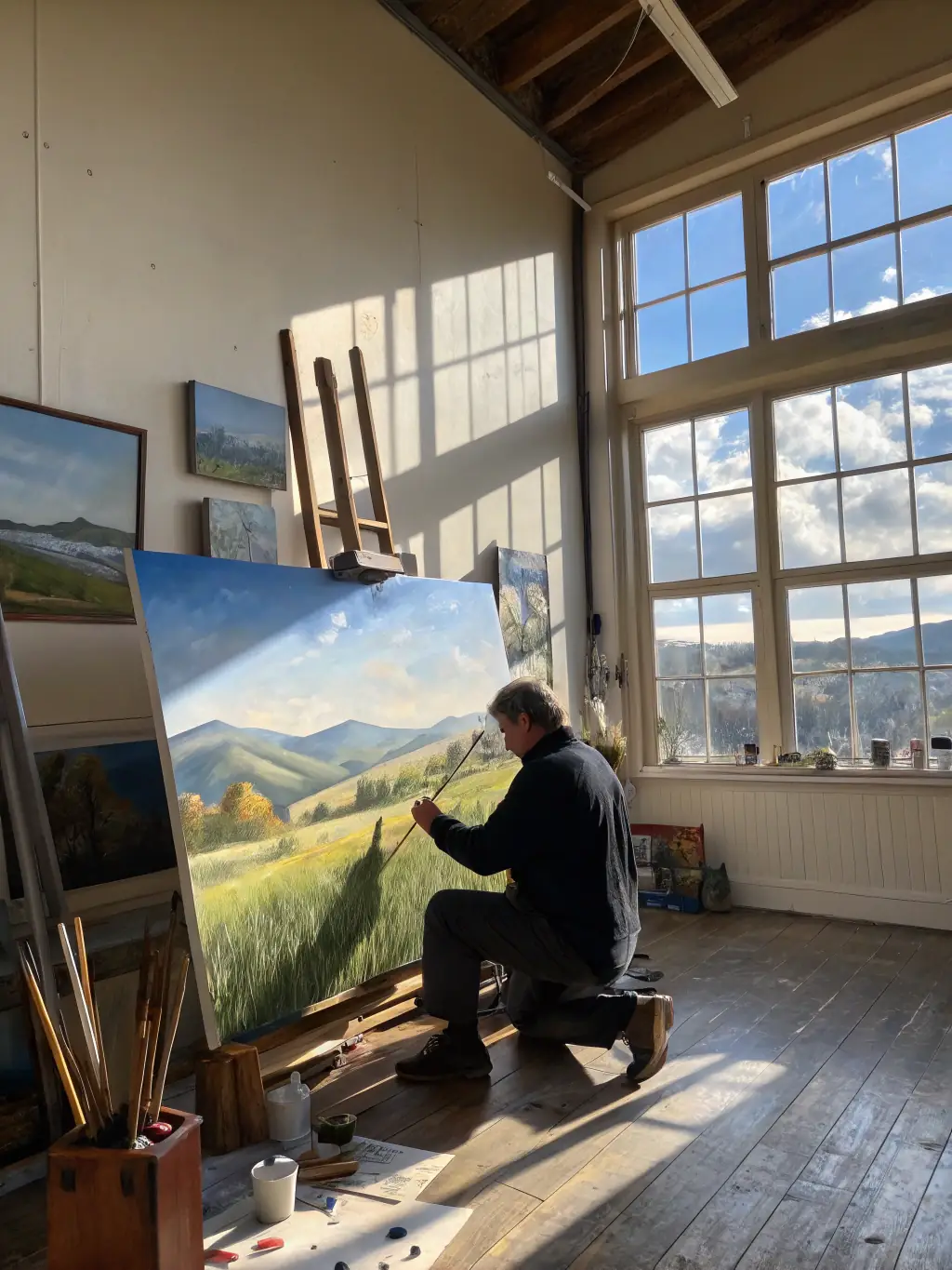 A photo of an artist in residence working on their project in a dedicated studio space, highlighting ECO's support for artistic creation and development through residencies.