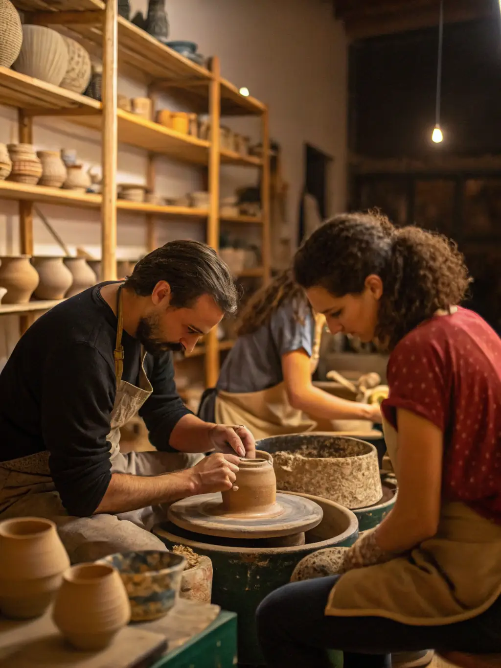 A photo of a pottery workshop in progress, with participants of various ages learning to create ceramic art from a skilled artisan.